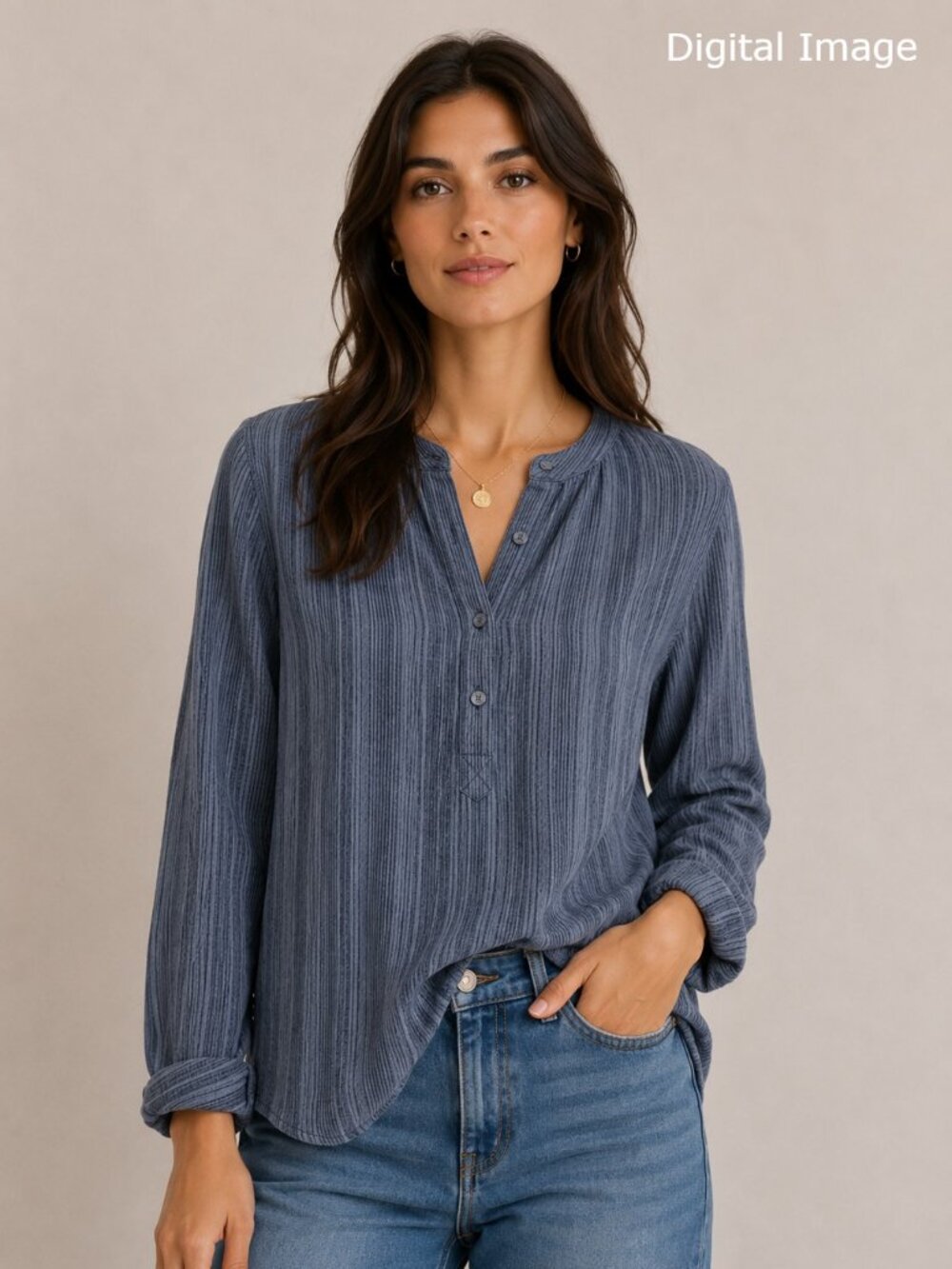 B.L.E.U. Top Blue XS Linen Blend Striped Long Sleeve Relaxed Boho Shirt